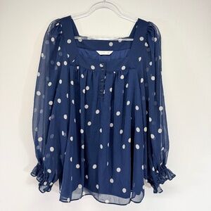 Lauren Conrad Sheer Overlay Long Sleeve White Polka Dot Navy Blue Blouse XXL
